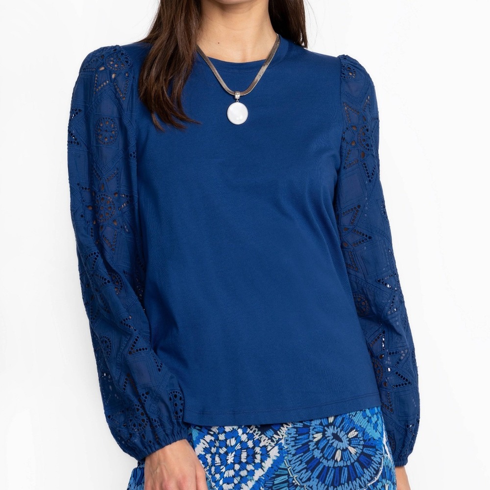Jade by Johnny Was Blue Nora Long Sleeve‎ Easy Tee Eyelet Size Medium